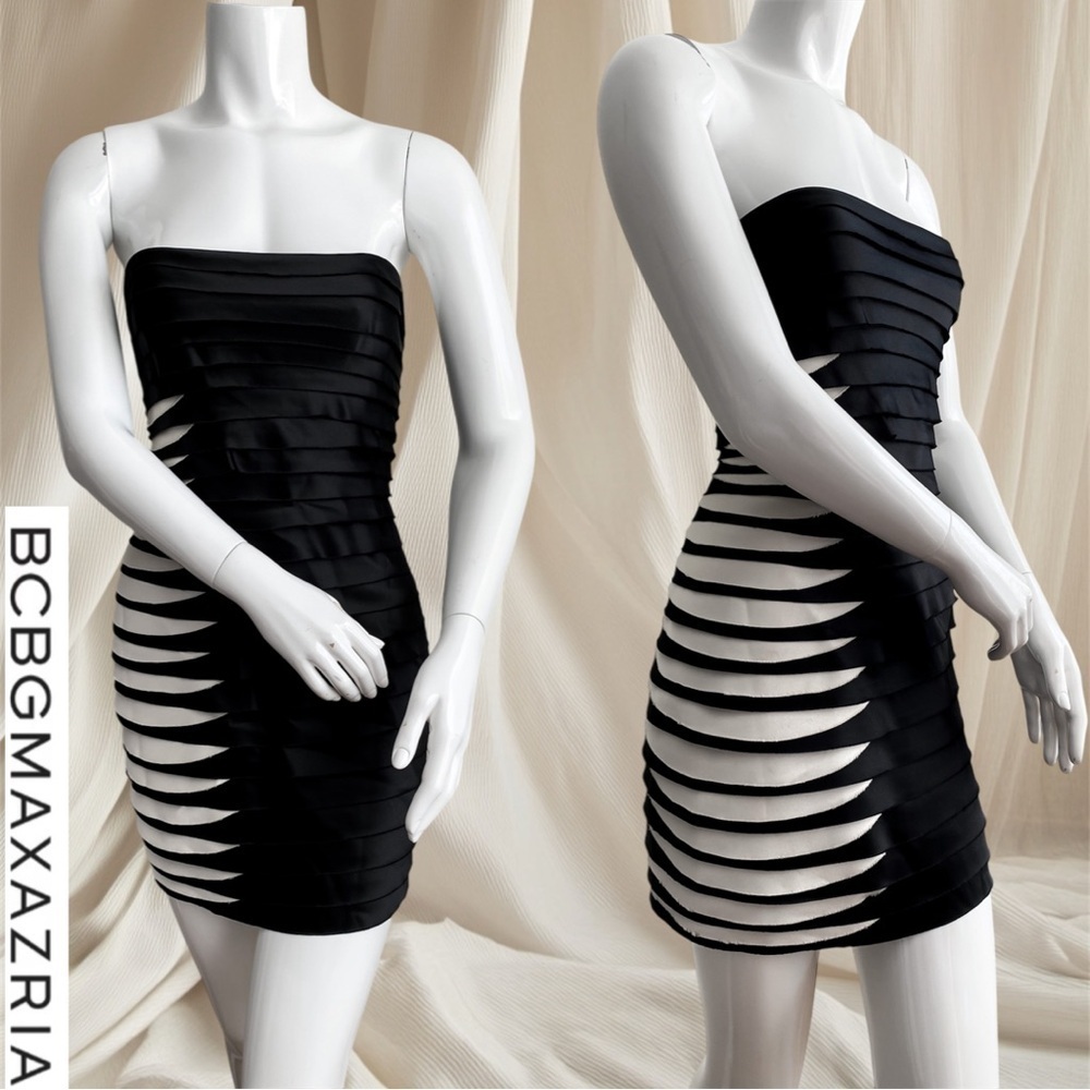 BCBGMaxAzria Black Ivory Mini Cocktail Party Shutter Pleated Dress Satin Tiered
